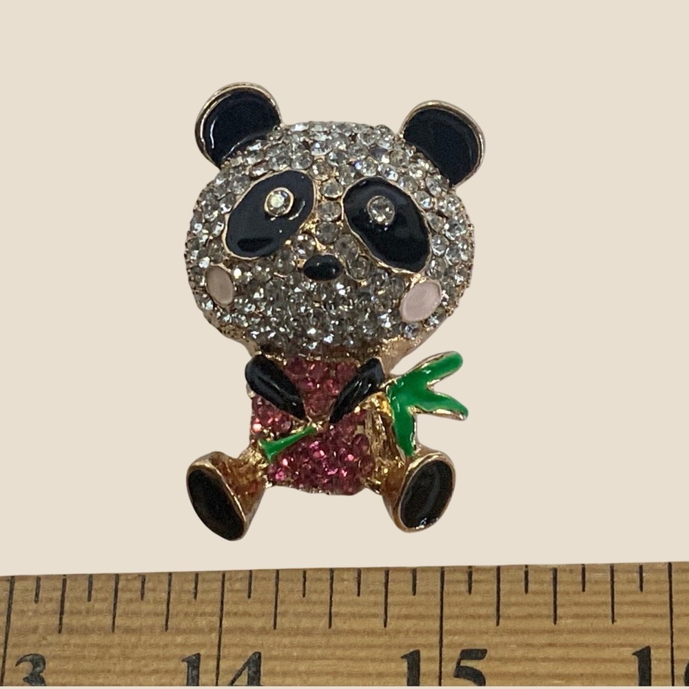 Panda Bear Rhinestone Brooch Gold Tone Enamel Bamboo Animal Pin